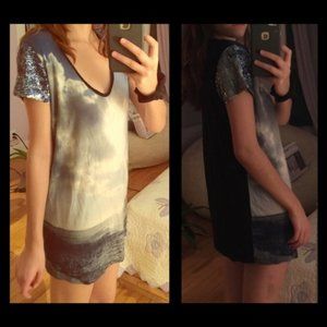 Vintage Barbara Bui seascape ocean sky print scoop neck sequin mini shirt dress